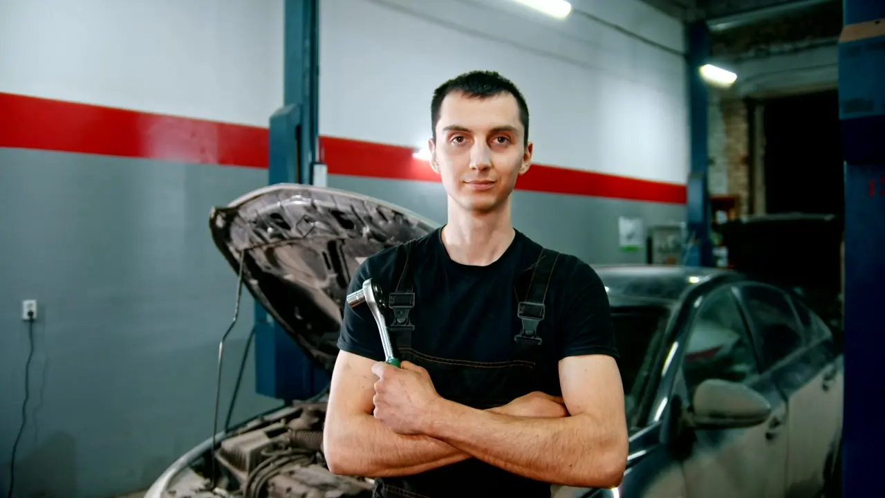 A Judge Batteries technician standing at the open hood of a car at night